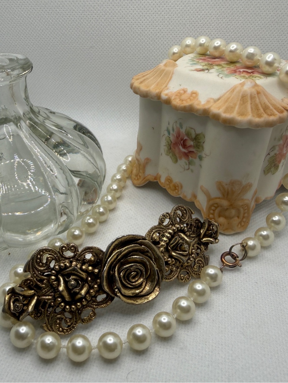 Vintage Vanity Decor & Accessories, Rose Barrette, Glass Perfume Bottle, Trinket
